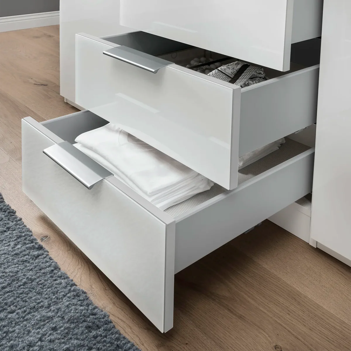 Templin 2000 Glass 6 Door 6 Drawer Wardrobe - W250cm - Drawers Closeup View - Styled in a Bedroom