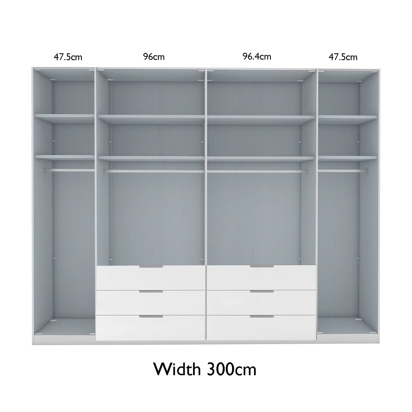 Templin Champagne 2000 Glass 6 Door 6 Drawer Wardrobe - W300cm - Interior View With Dimensions
