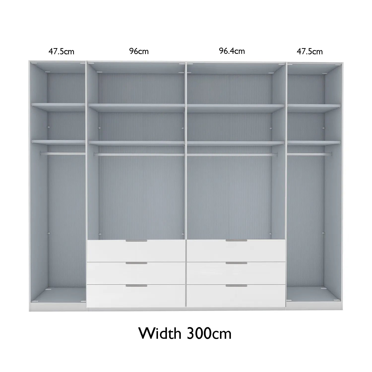 Templin Champagne 2000 Glass 6 Door 6 Drawer Wardrobe - W300cm - Interior View With Dimensions