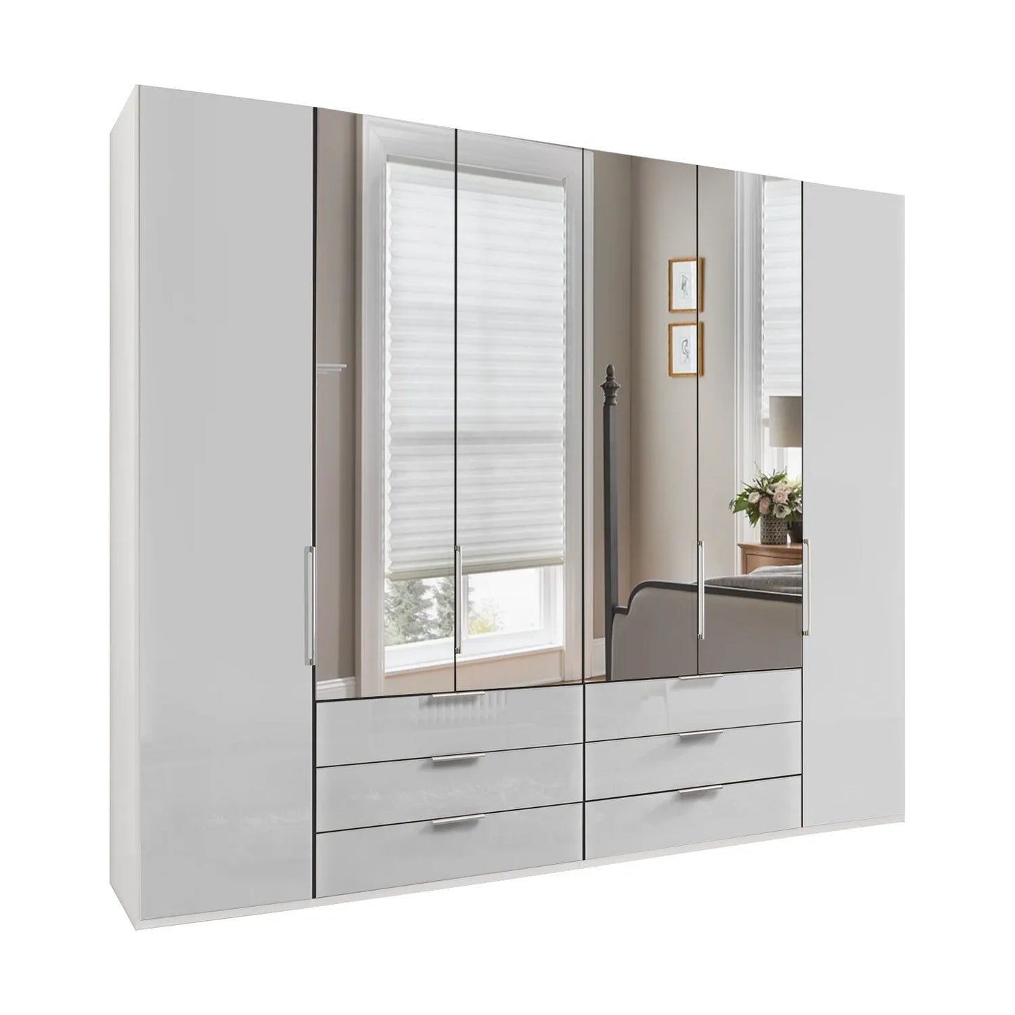 Templin Champagne 2000 Glass 6 Door 6 Drawer Wardrobe With Mirror - W300cm - Side Angle View