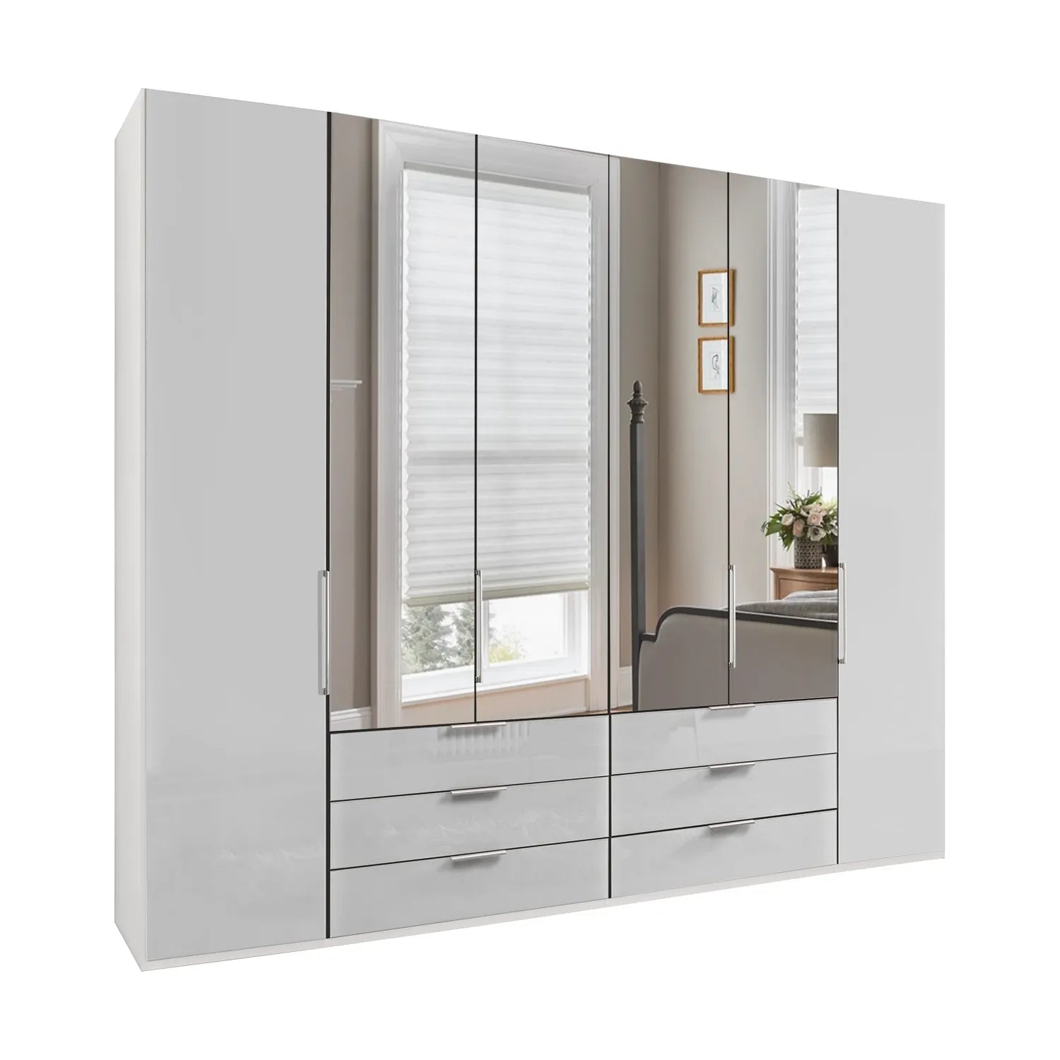 Templin Champagne 2000 Glass 6 Door 6 Drawer Wardrobe With Mirror - W300cm - Side Angle View