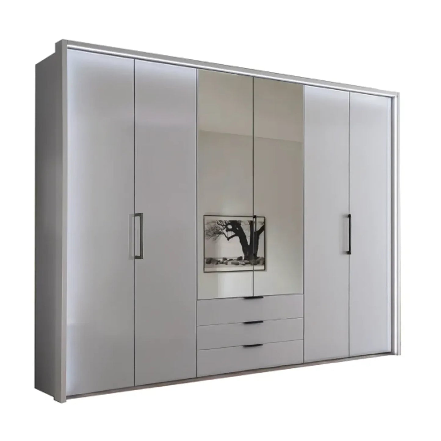Templin 1000 Pebble Grey Glass 6 Door 3 Drawers 300cm Hinged Wardrobe Free Assembly