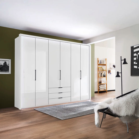Templin 2000 White Glass 6 Door 3 Drawers 300cm Wardrobe - Styled in a Bedroom