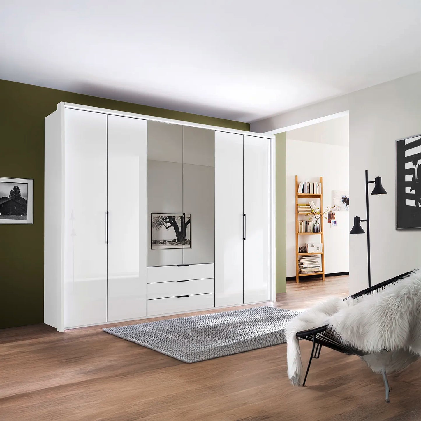 Templin 2000 White Glass 6 Door 3 Drawers 300cm Wardrobe With Mirror - Styled in a Bedroom