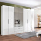 Templin 2000 White Glass 6 Door 3 Drawers 300cm Wardrobe With Mirror - Styled in a Bedroom With Light in Frame