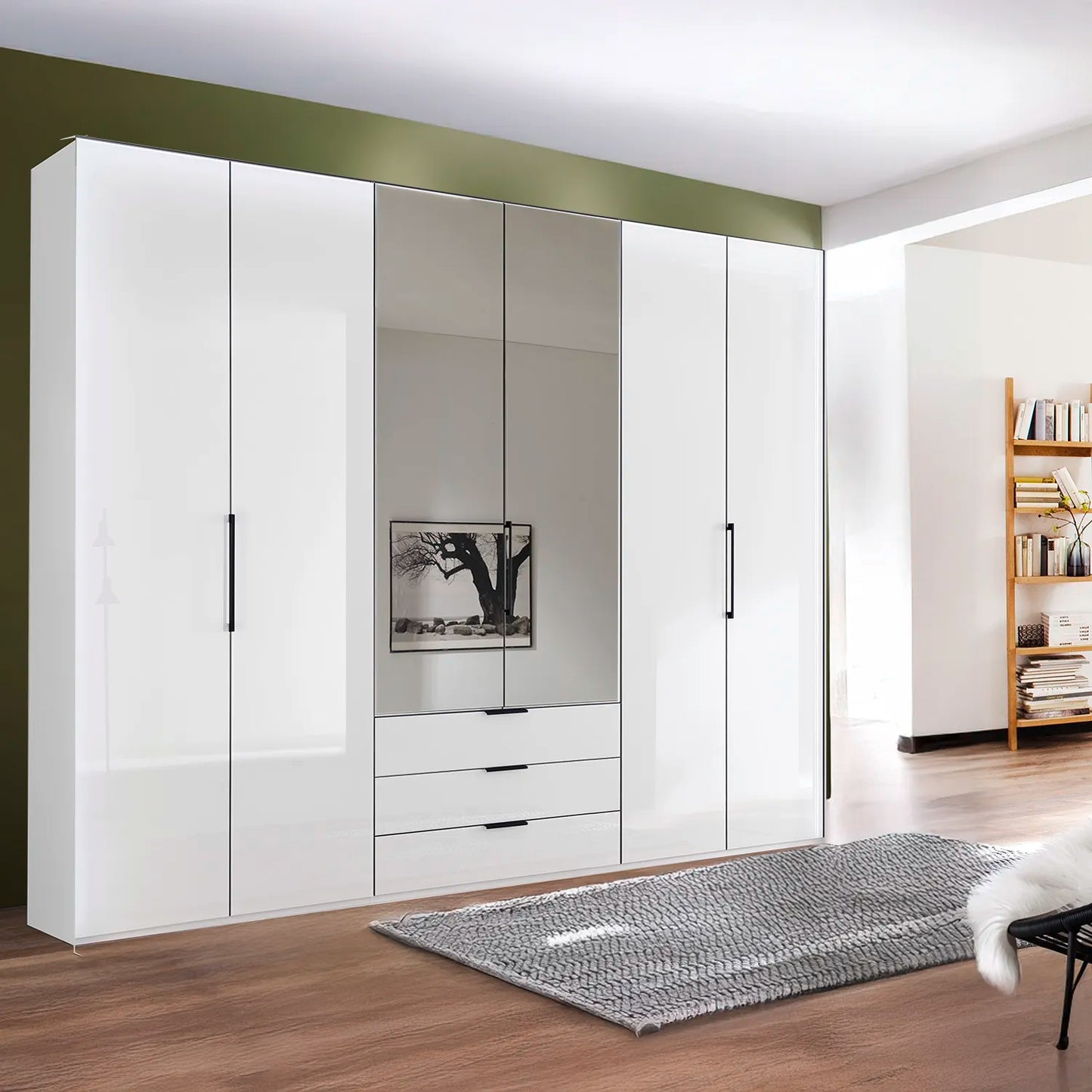 Templin 2000 White Glass 6 Door 3 Drawers 300cm Wardrobe With Mirror - Styled in a Bedroom With Light in Frame