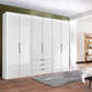 Templin 2000 White Glass 6 Door 3 Drawers 300cm Wardrobe - Styled in a Bedroom With Light In Frame