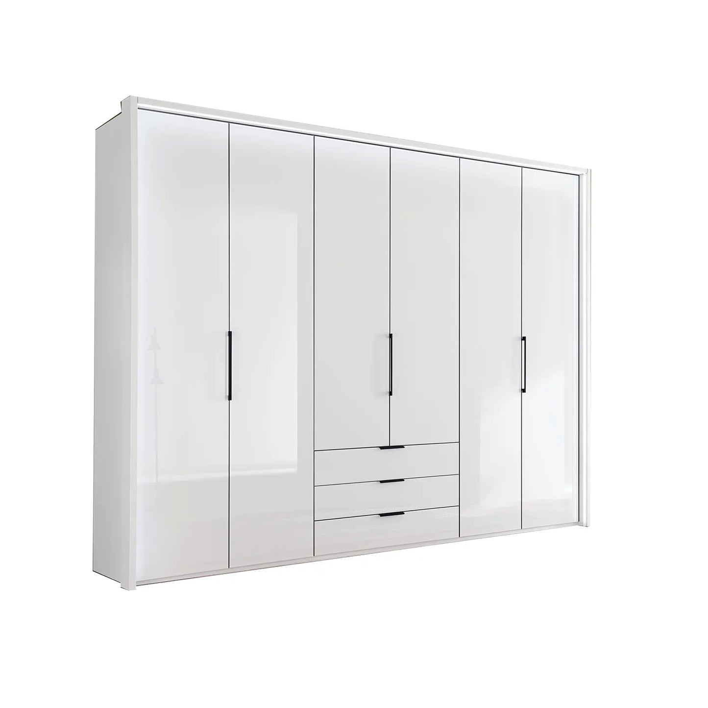Templin 2000 White Glass 6 Door 3 Drawers 300cm Wardrobe - Side Angle View