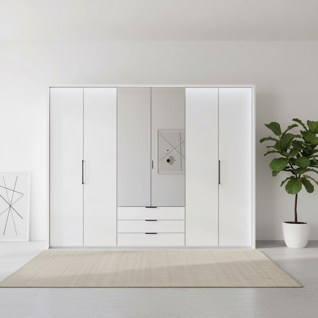 Templin 2000 White Glass 6 Door 3 Drawers 300cm Wardrobe