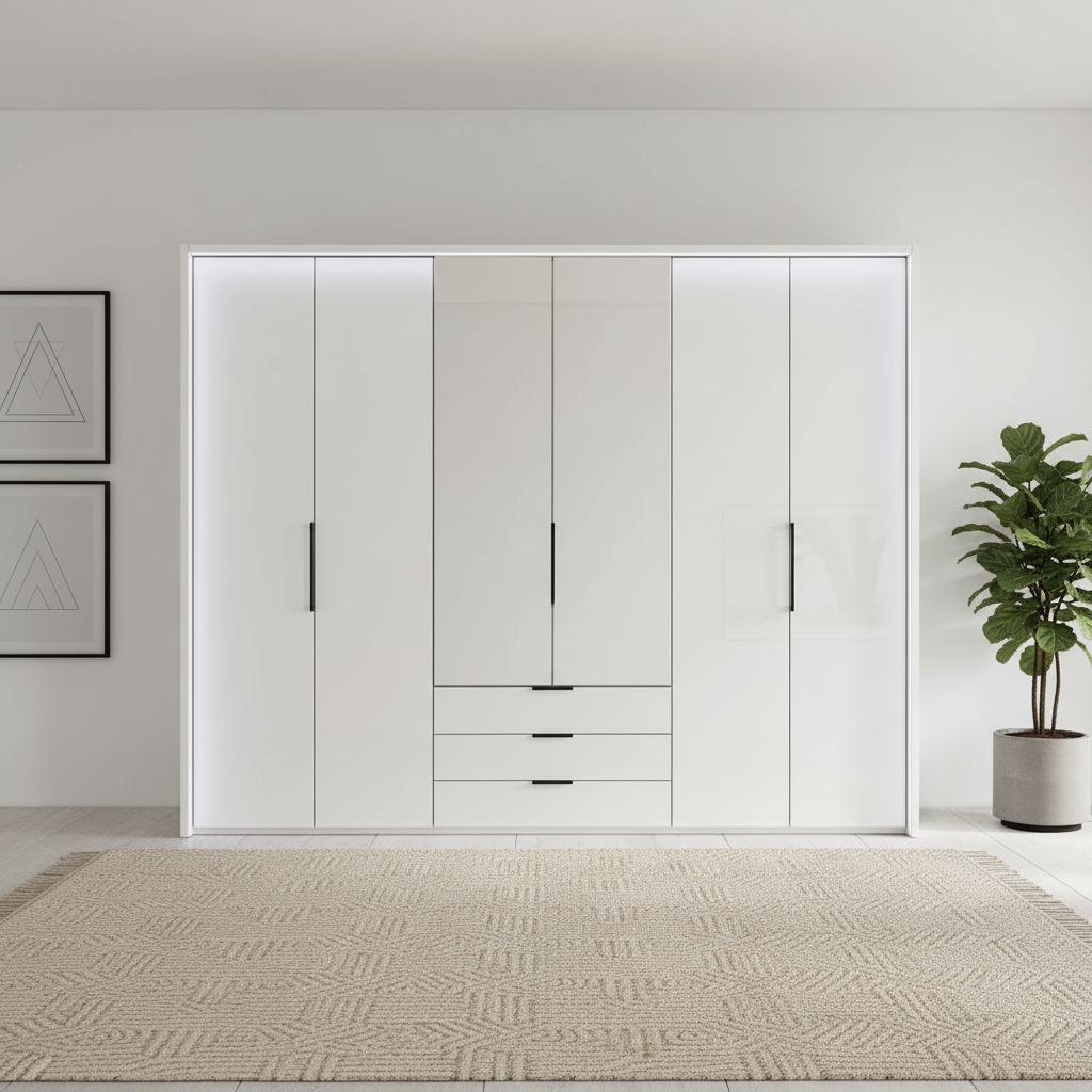 Templin 1000 White Glass 6 Door 3 Drawers 300cm Hinged Wardrobe Free Assembly