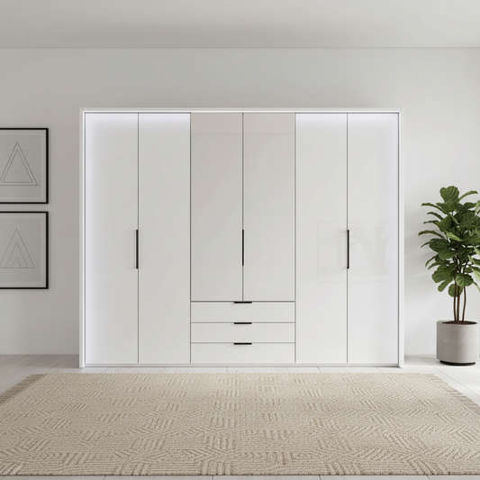 Templin 1000 White Glass 6 Door 3 Drawers 300cm Hinged Wardrobe Free Assembly