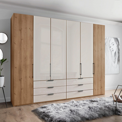 Templin 2000 6 Door 6 Drawer Hinged Wardrobe in Champagne - Styled in a Bedroom