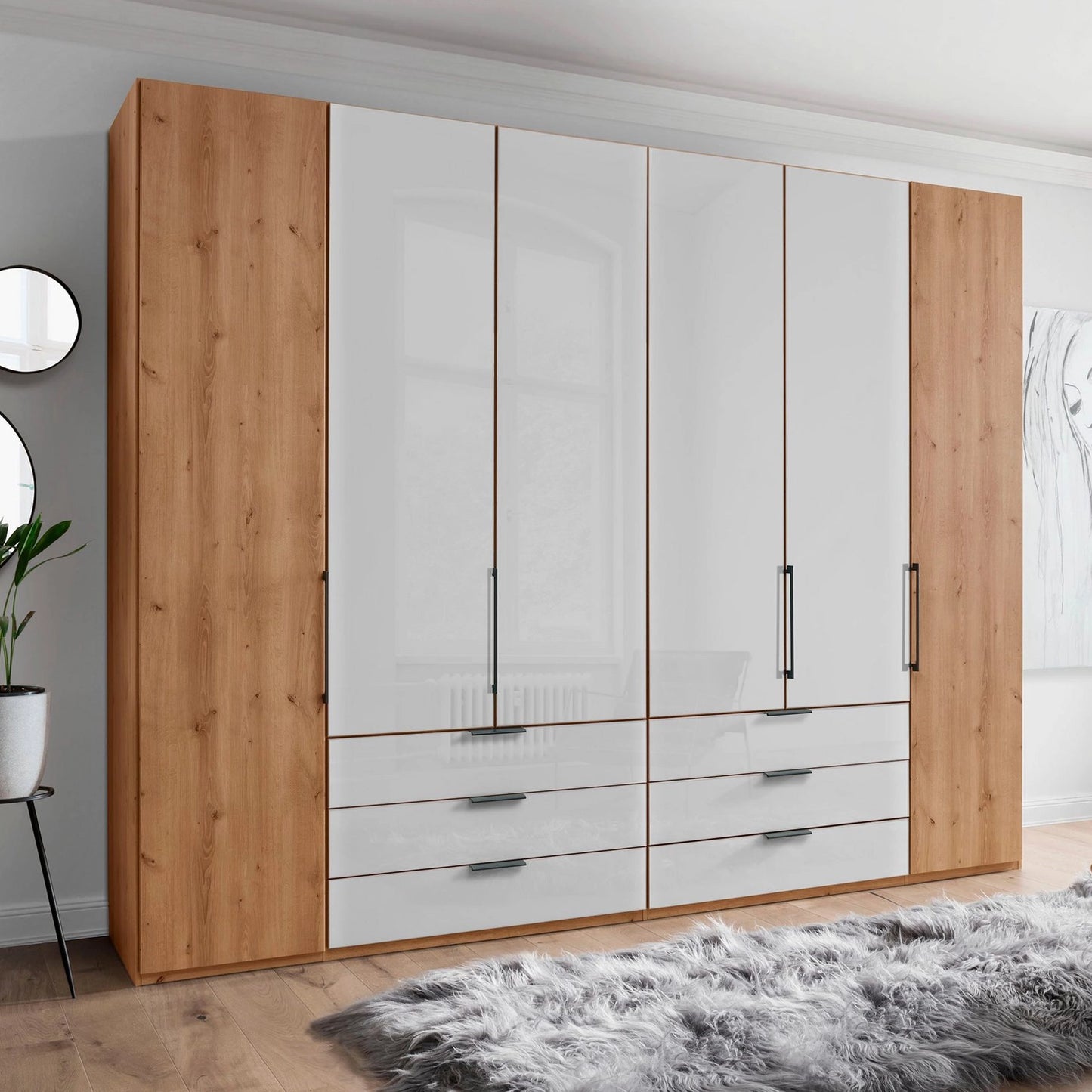 Templin 1000 6 Door 6 Drawer Hinged Wardrobe in White - Styled in a Bedroom