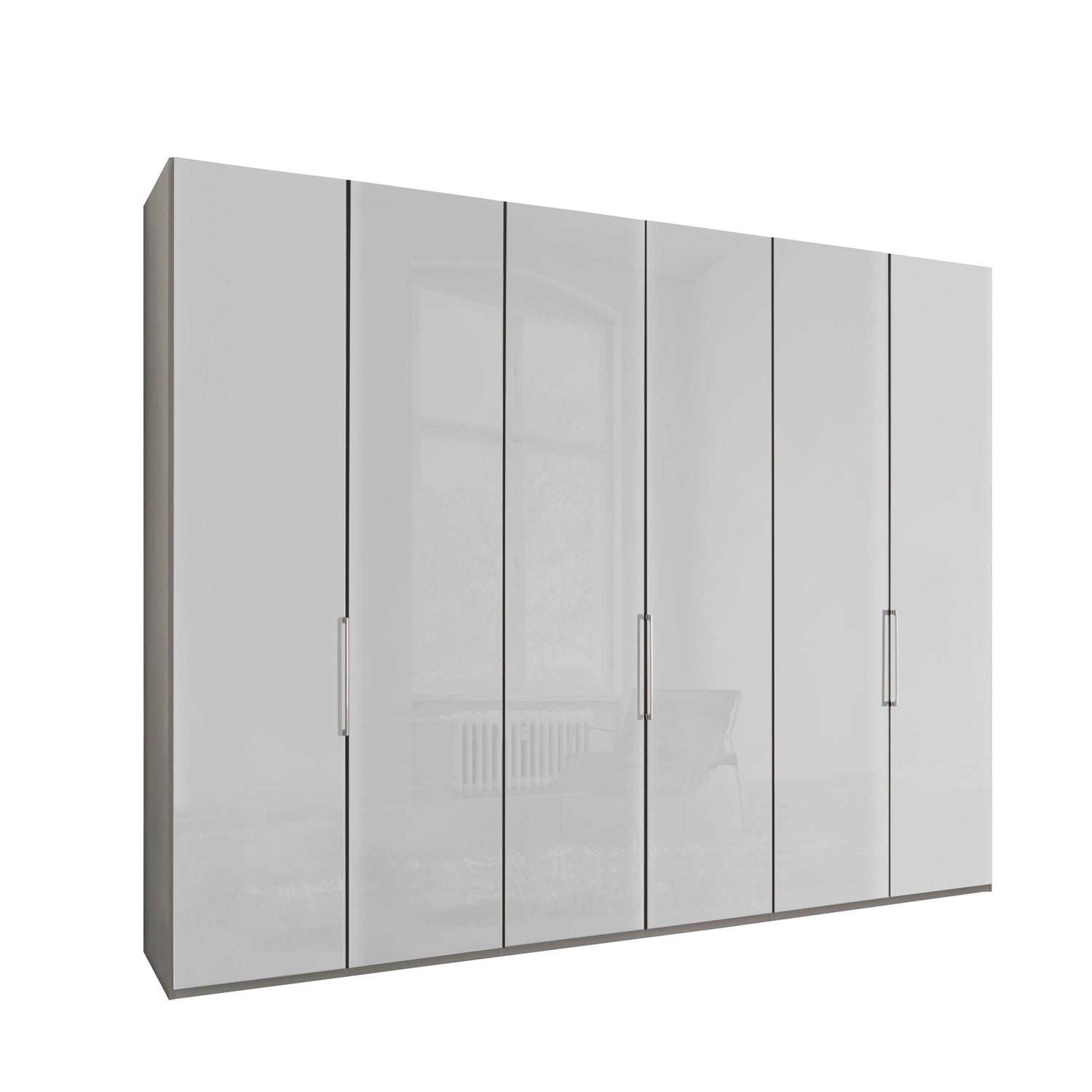 Templin 2000 6 Door Hinged Wardrobe in White Carcase & White Glass Front
