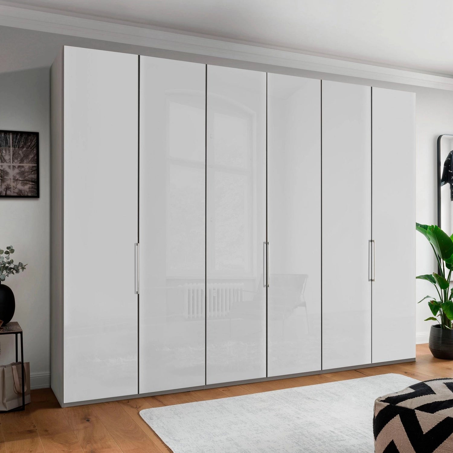 Templin 2000 6 Door Hinged Wardrobe in Pebble Grey Carcase & White Glass Front - Styled in a Bedroom