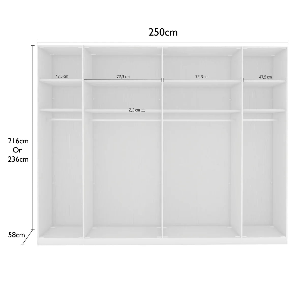 Templin 2000 Bianco Oak Carcase 6 Door 6 Drawer Wardrobe - W250cm - Interior View With Dimensions