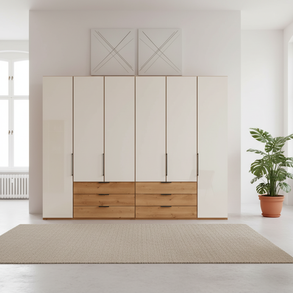 Templin 1000 Bianco Oak Carcase 6 Door 6 Drawer Hinged Wardrobe W250cm