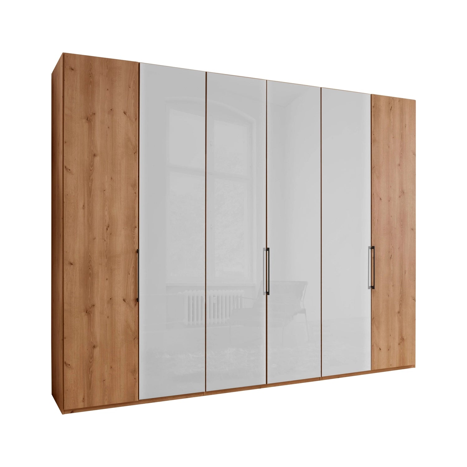 Templin 1000 Bianco Oak Carcase 6 Door Hinged Wardrobe in White Glass - 300cm