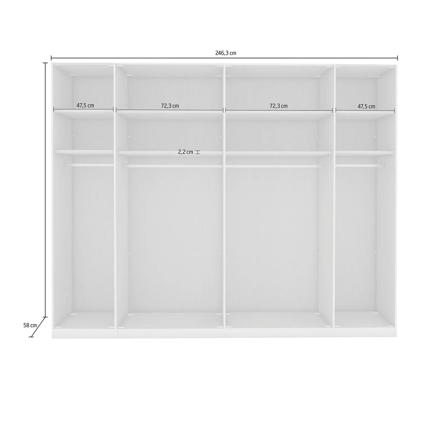 Templin 2000 Glass 6 Door 6 Drawer Wardrobe - W250cm  Interior View With Dimensions