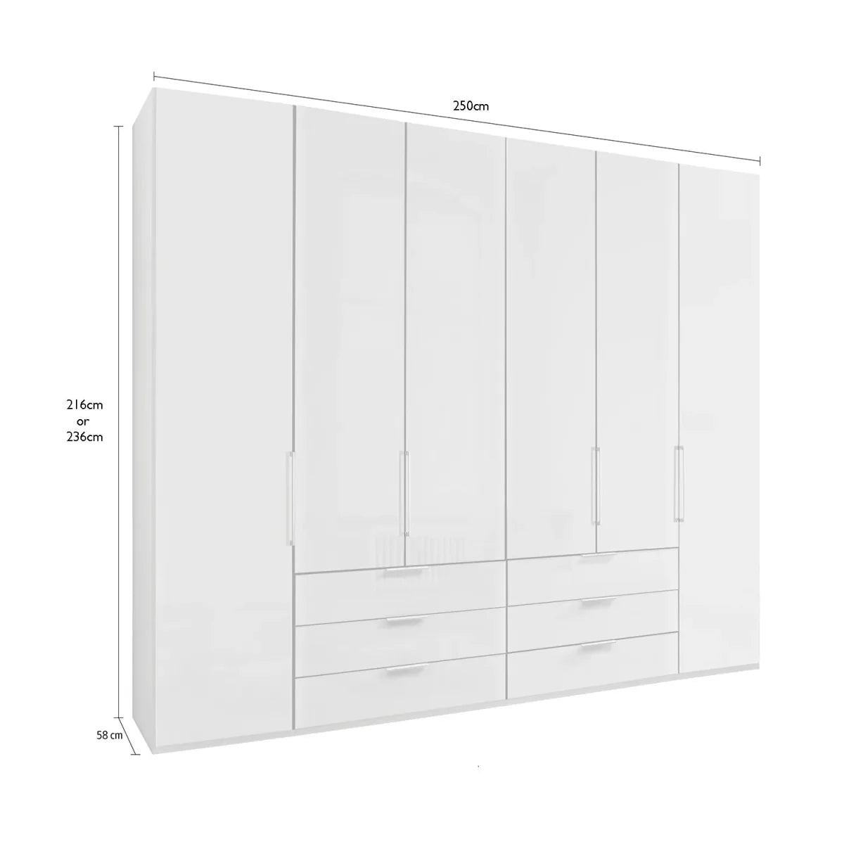 Templin 2000 Glass 6 Door 6 Drawer Wardrobe - W250cm - Dimensions