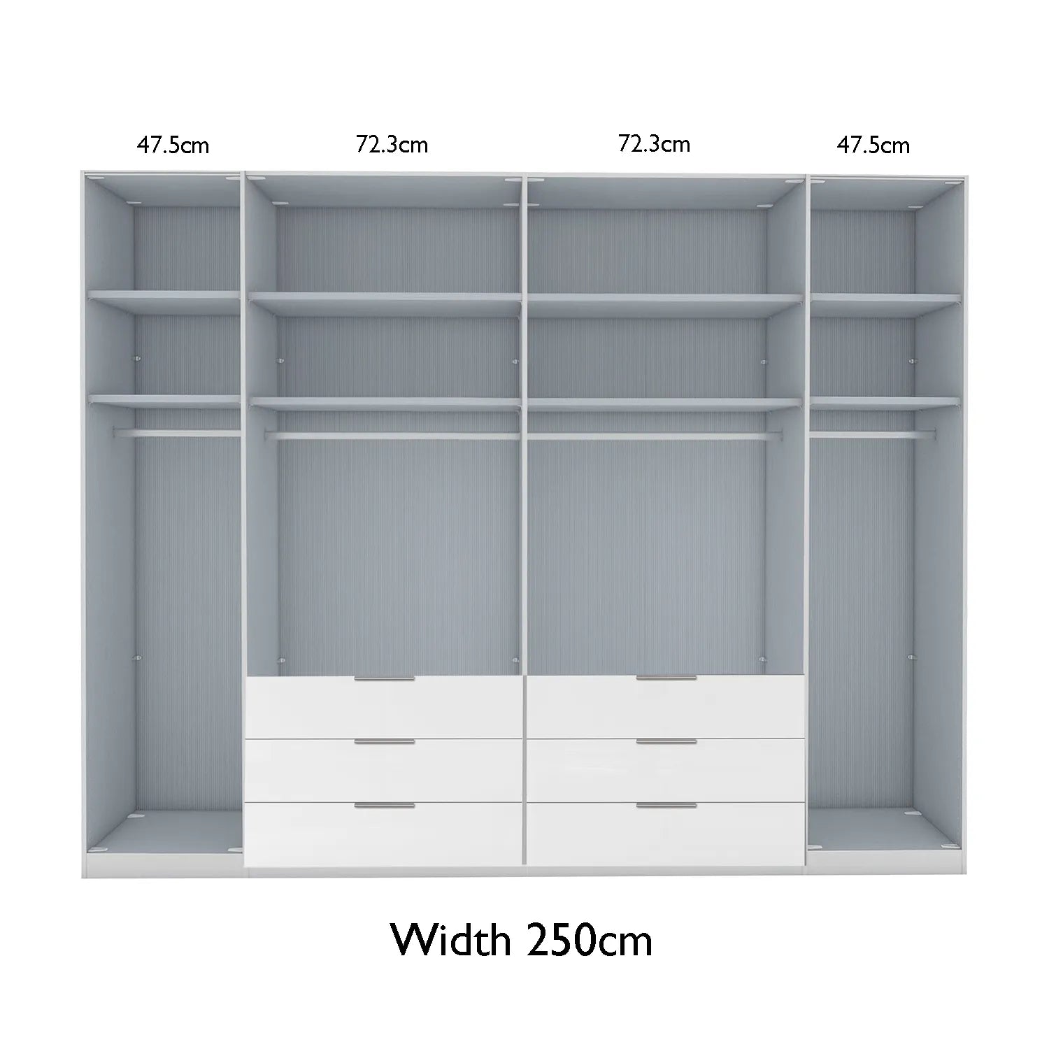 Templin 2000 Glass 6 Door 6 Drawer Wardrobe - W250cm - interior & Drawers View With Dimensions