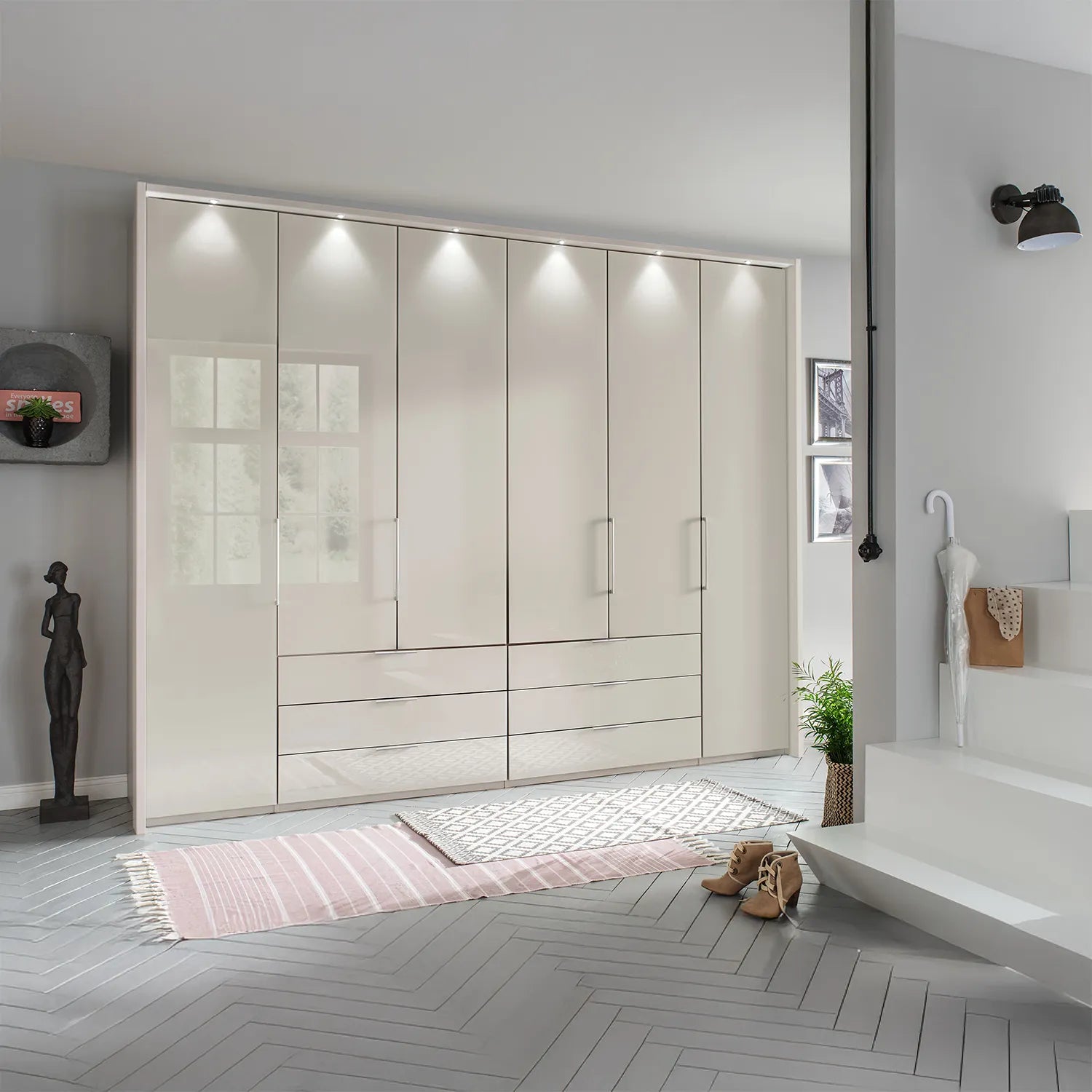 Templin 2000 Glass 6 Door 6 Drawer Wardrobe - W250cm - Styled in a Room With Lights In Frame