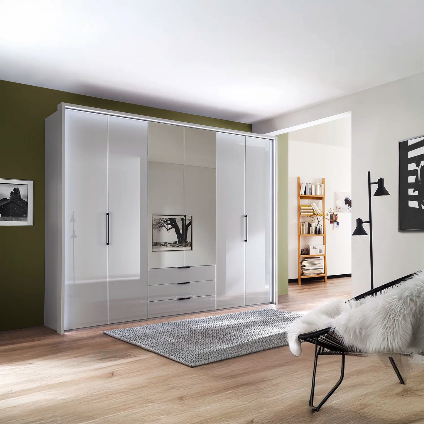 Templin 2000 Bifold Glass 6 Door 3 Drawer Wardrobe in Pebble Grey - 225cm - Styled in a Room