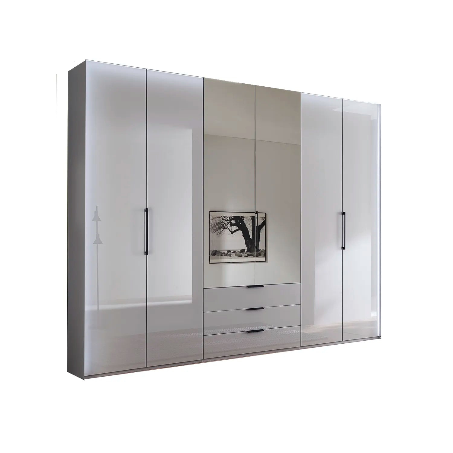 Templin 2000 Bifold Glass 6 Door 3 Drawer Wardrobe in Pebble Grey - 225cm