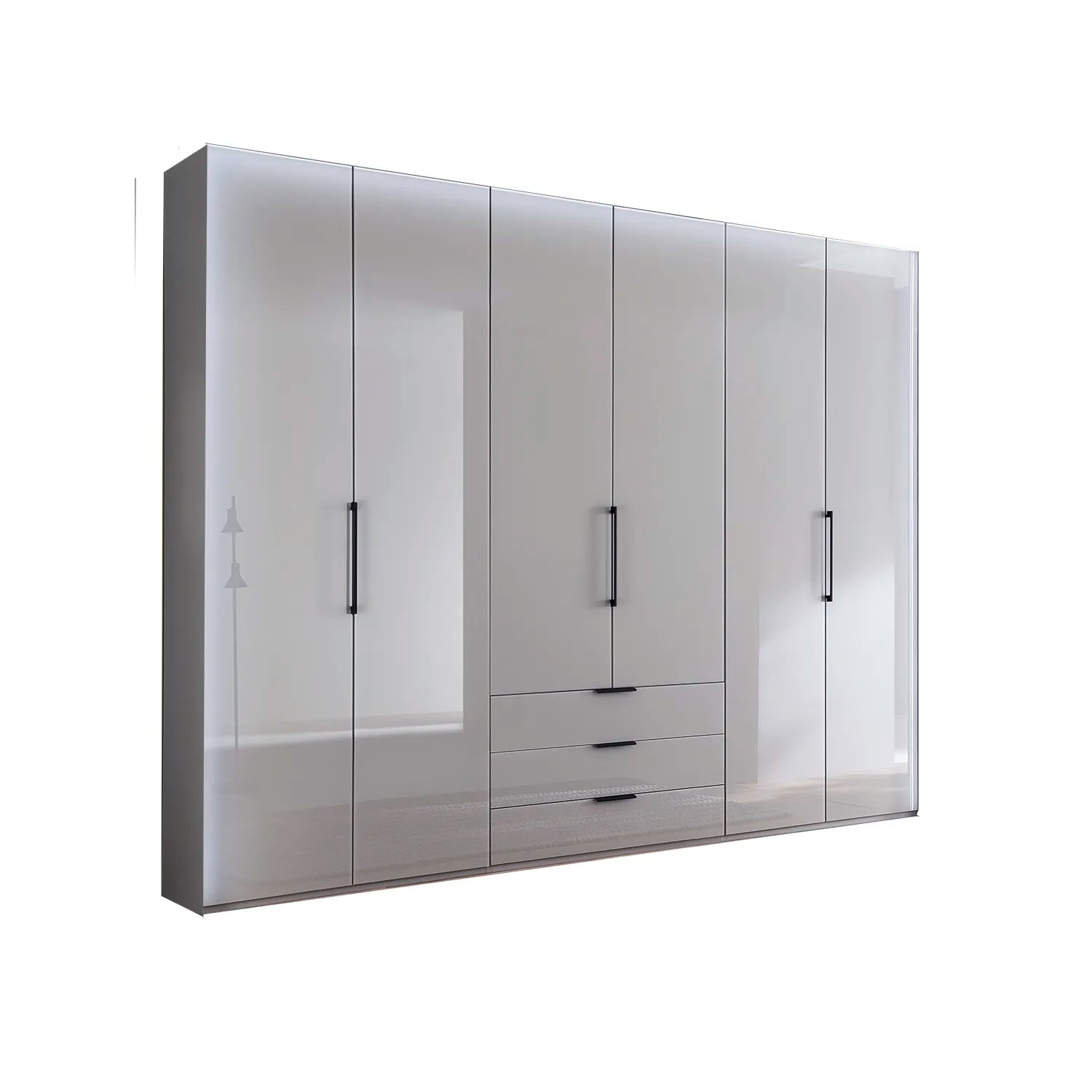 Templin 2000 Bifold Glass 6 Door 3 Drawer Wardrobe in Pebble Grey - 225cm - Side View
