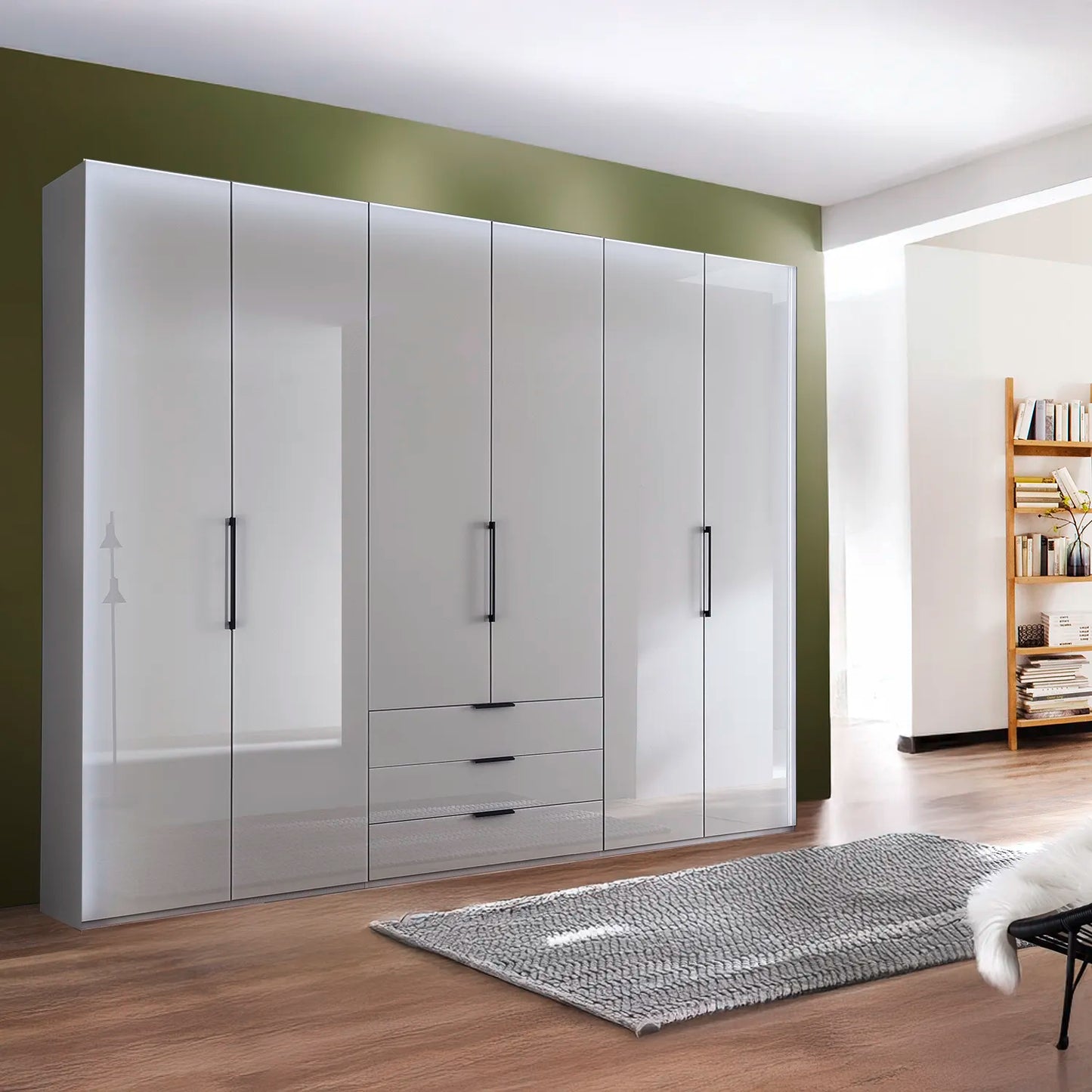 Templin 2000 Bifold Glass 6 Door 3 Drawer Wardrobe in Pebble Grey - 225cm - Styled in a Bedroom