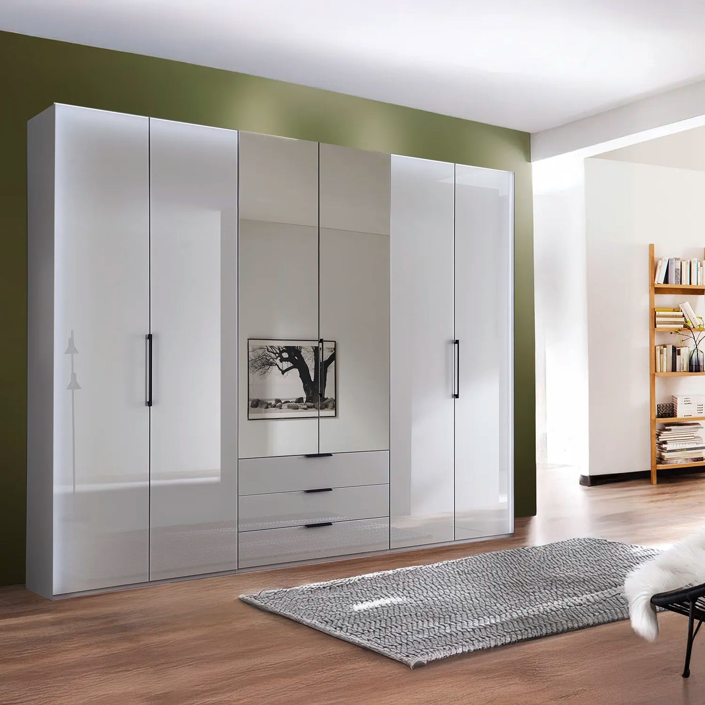 Templin 2000 Bifold Glass 6 Door 3 Drawer Wardrobe in Pebble Grey - 225cm - Styled in a Living Room
