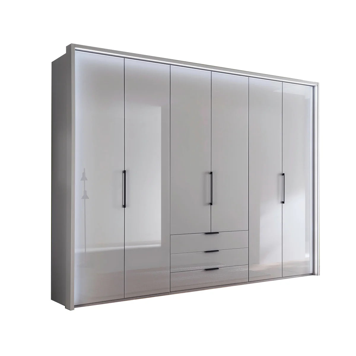 Templin 2000 Bifold Glass 6 Door 3 Drawer Wardrobe in Pebble Grey - 225cm - Side Angle View