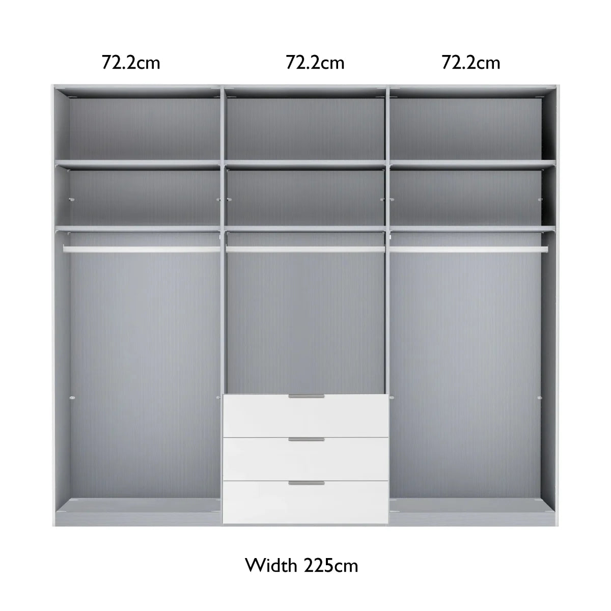 Templin 2000 Bifold Glass 6 Door 3 Drawer Wardrobe in Pebble Grey - 225cm - Interior View With Dimensions
