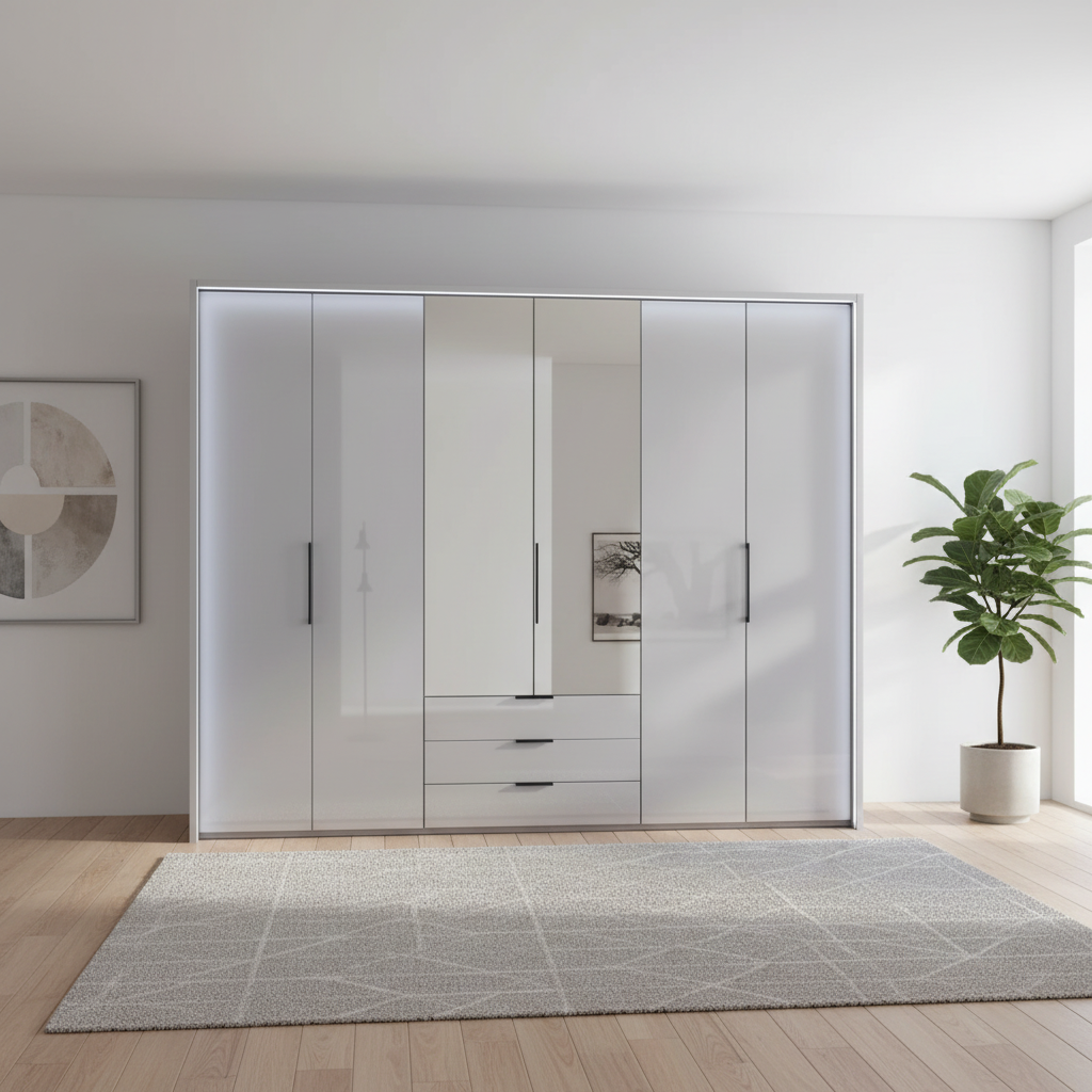 Templin 2000 Pebble Grey Glass 6 Door 3 Drawers 225cm Wardrobe
