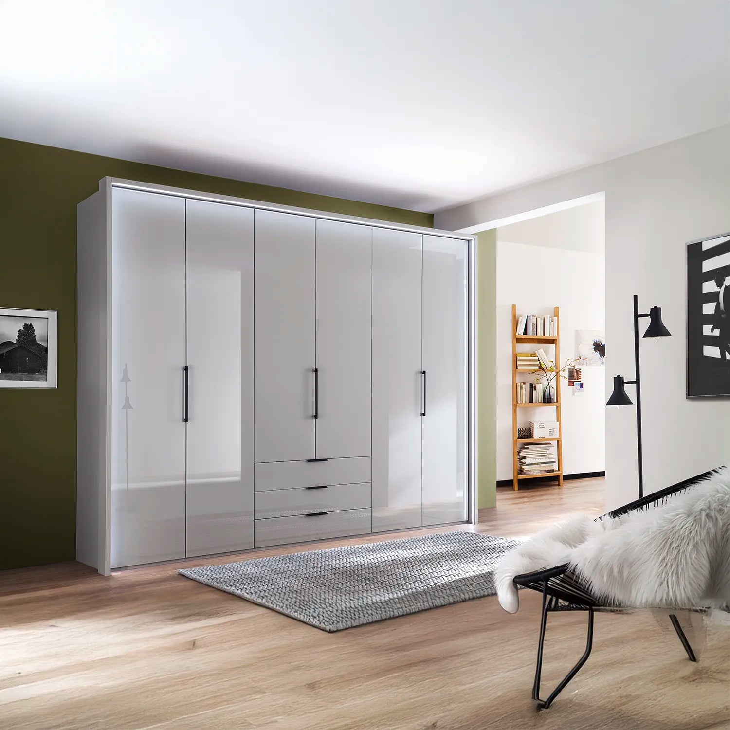 Templin 2000 Pebble Grey Glass 6 Door 3 Drawers 300cm Wardrobe - Styled in a Room