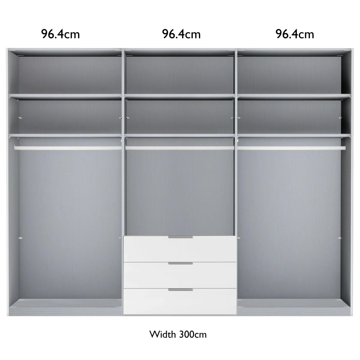 Templin 2000 Pebble Grey Glass 6 Door 3 Drawers 300cm Wardrobe - Interior View With Dimensions