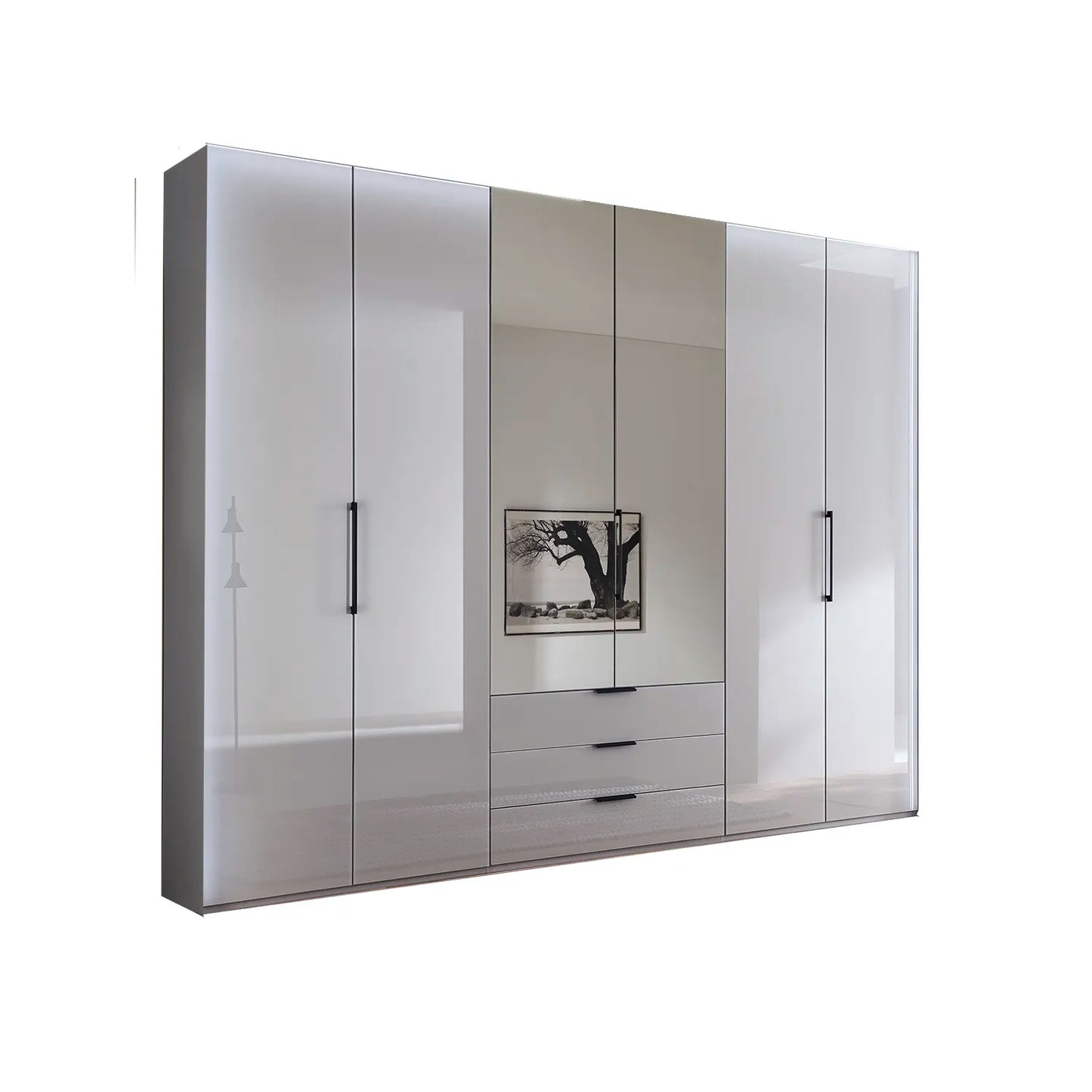 Templin 2000 Pebble Grey Glass 6 Door 3 Drawers 300cm Wardrobe With Mirror - Side Angle View