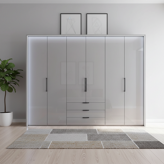 Templin 2000 Pebble Grey Glass 6 Door 3 Drawers 300cm Wardrobe
