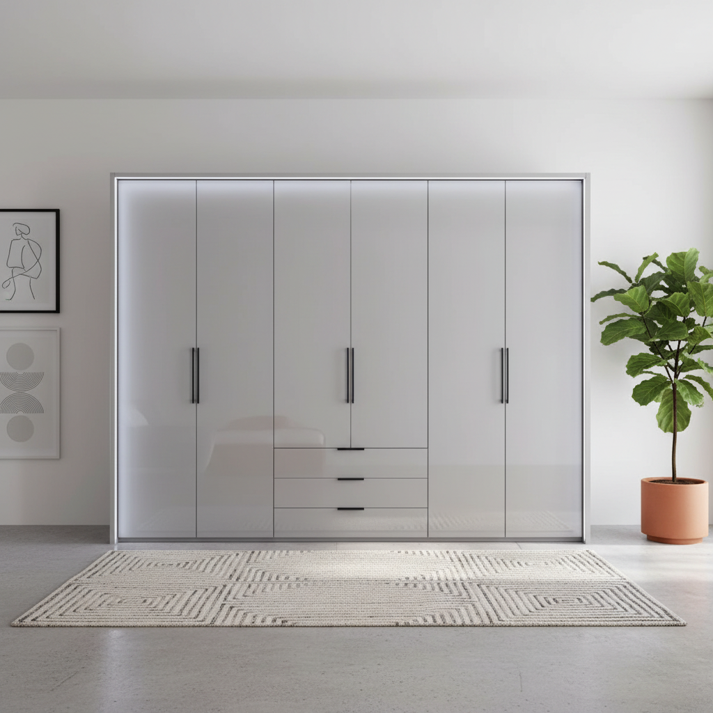 Templin 1000 Pebble Grey Glass 6 Door 3 Drawers 300cm Hinged Wardrobe Free Assembly