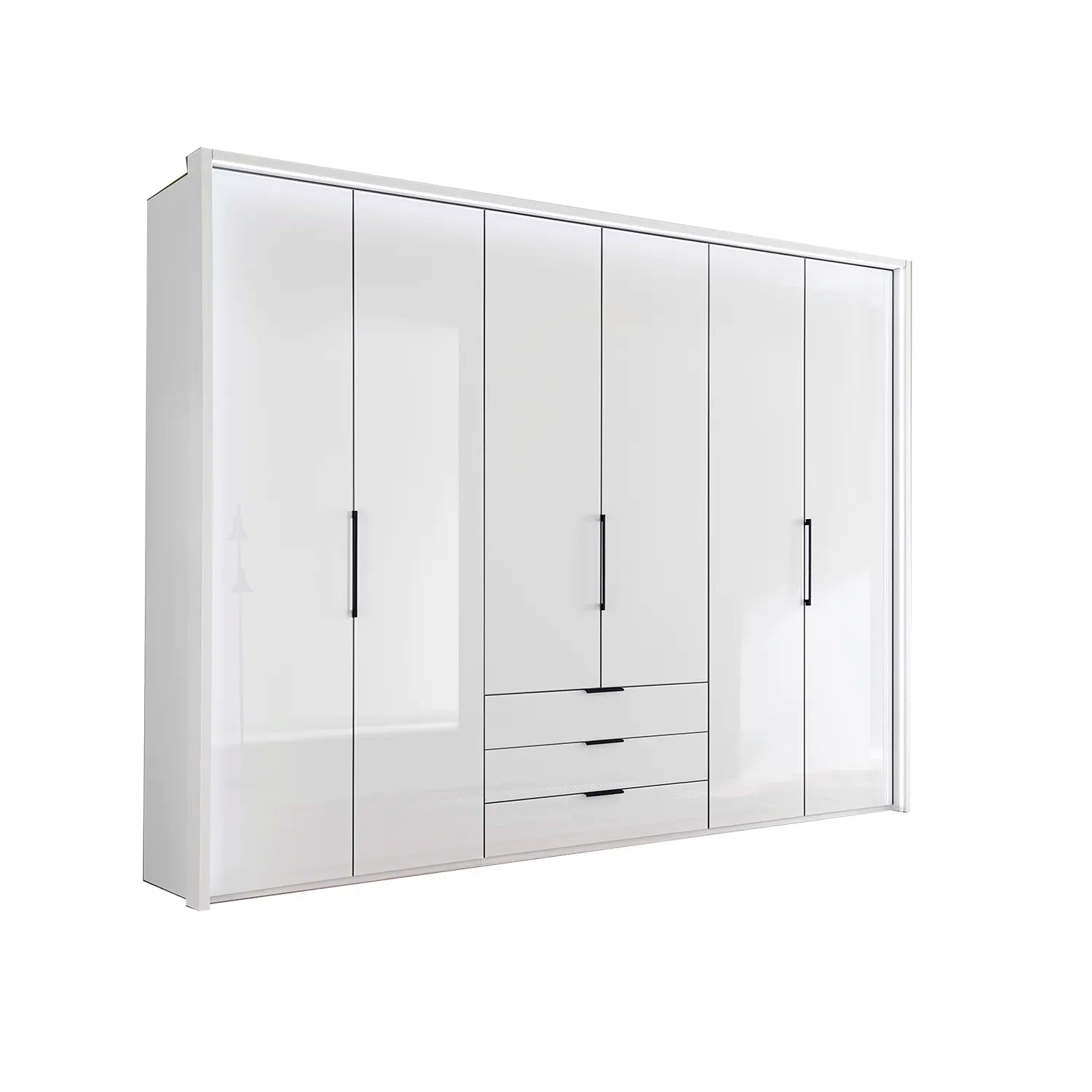 Templin 2000 White Glass 6 Door 3 Drawers 225cm Bifold Wardrobe 