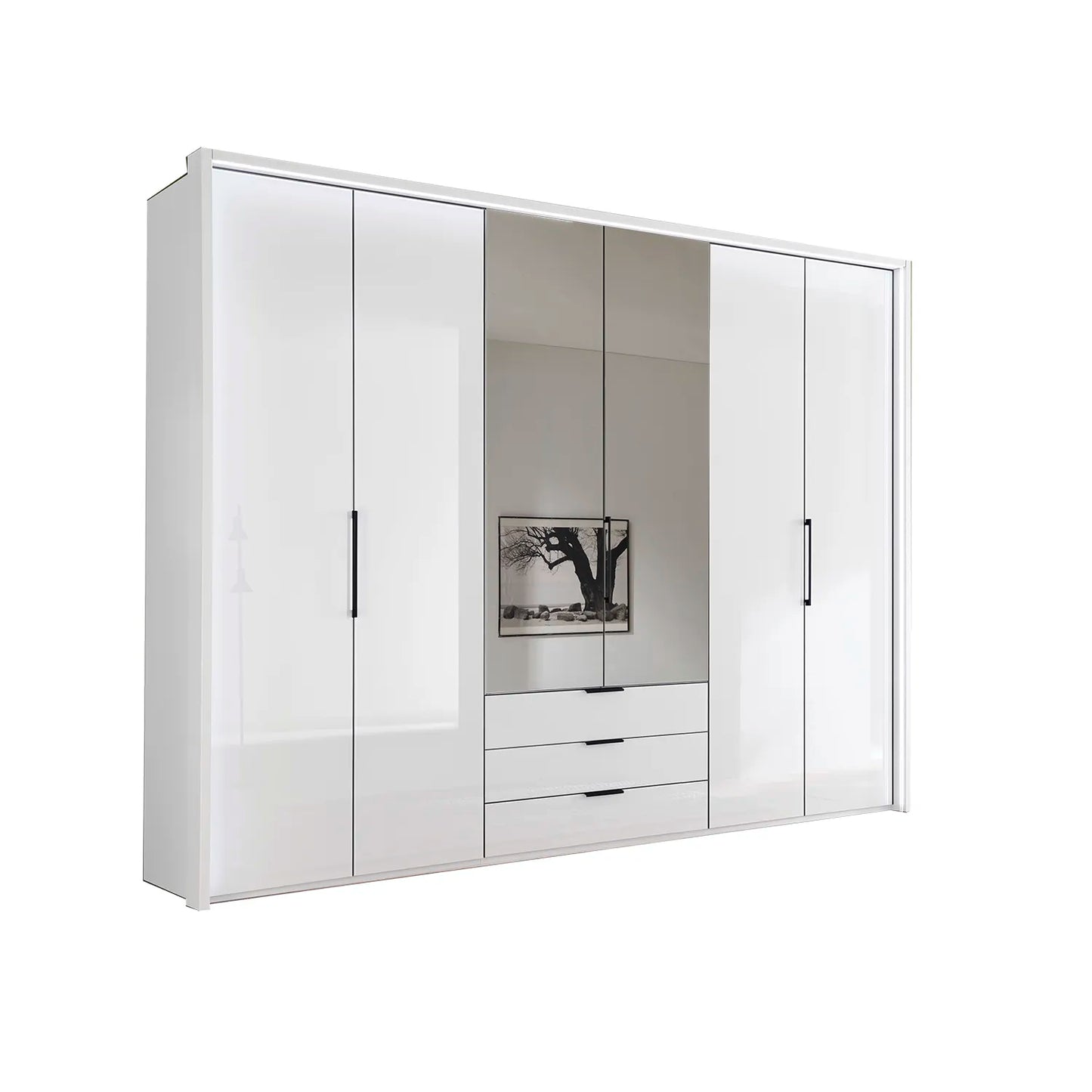 Templin 2000 White Glass 6 Door 3 Drawers 225cm Bifold Wardrobe With Mirror - Side Angle View