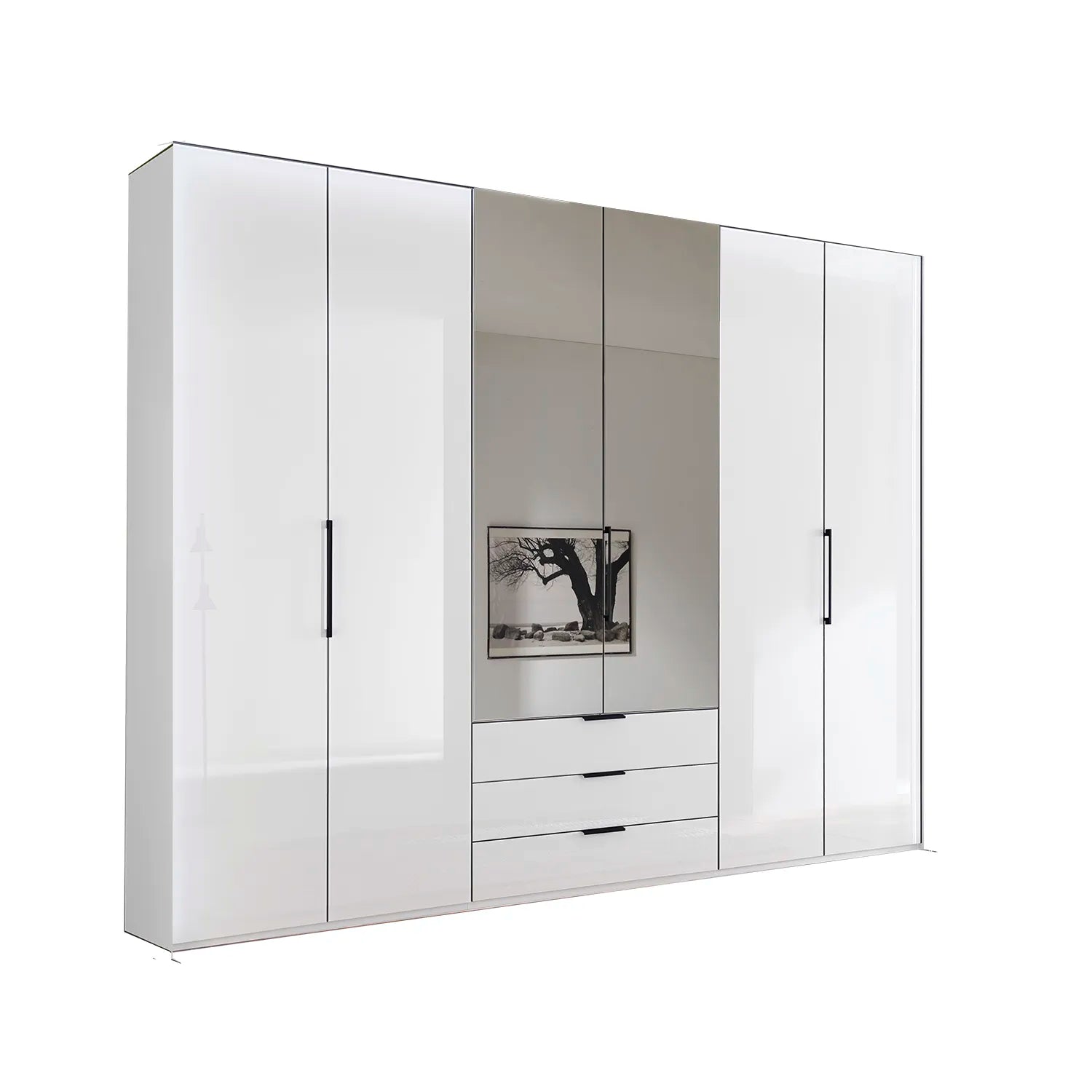 Templin 1000 White Glass 6 Door 3 Drawers 225cm Hinged Wardrobe With Mirror - Side Angle View