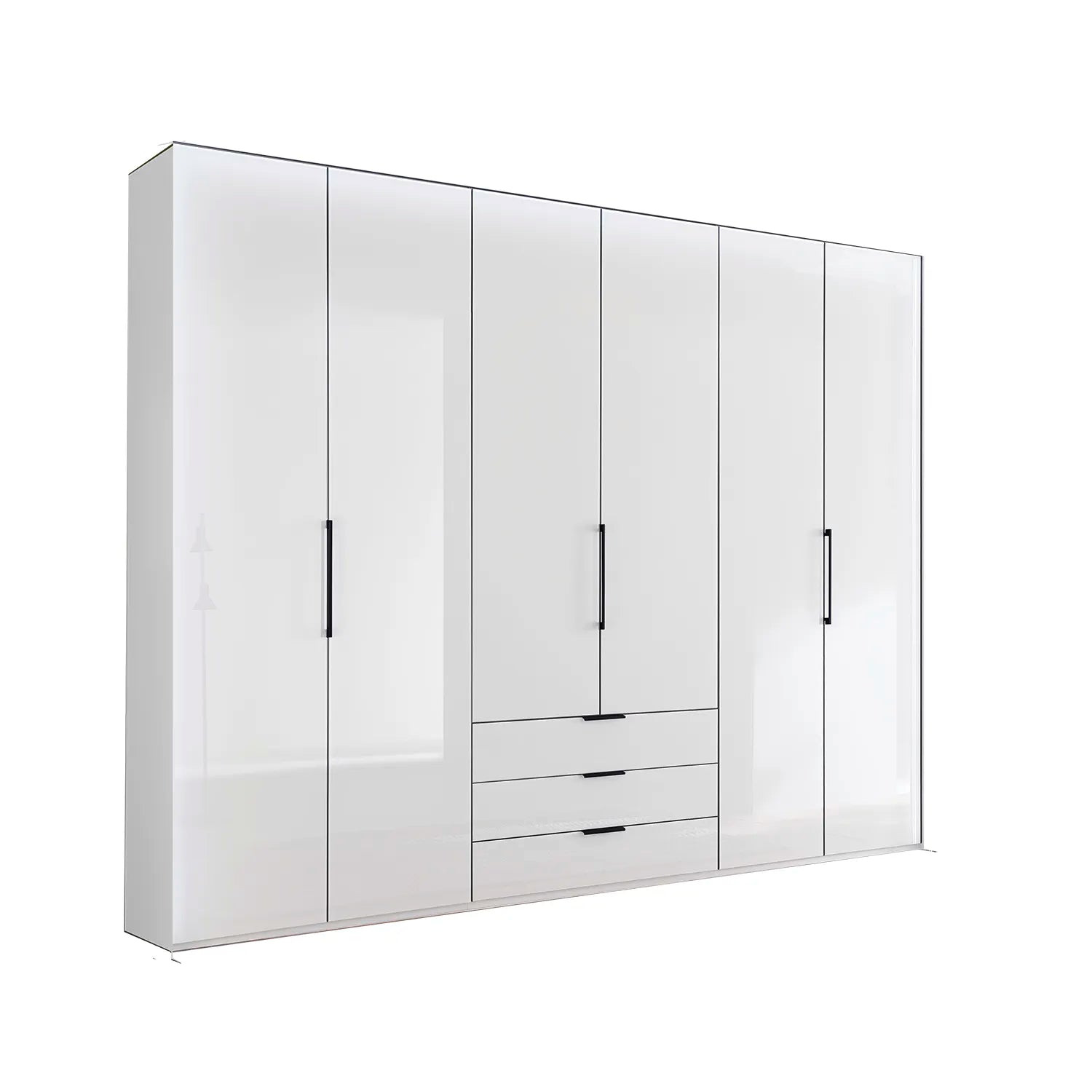 Templin 2000 White Glass 6 Door 3 Drawers 225cm Bifold Wardrobe - Side Angle View