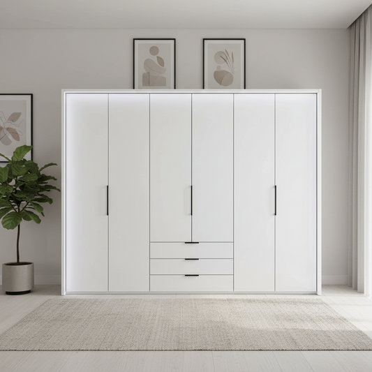 Templin 2000 White Glass 6 Door 3 Drawers 225cm Wardrobe