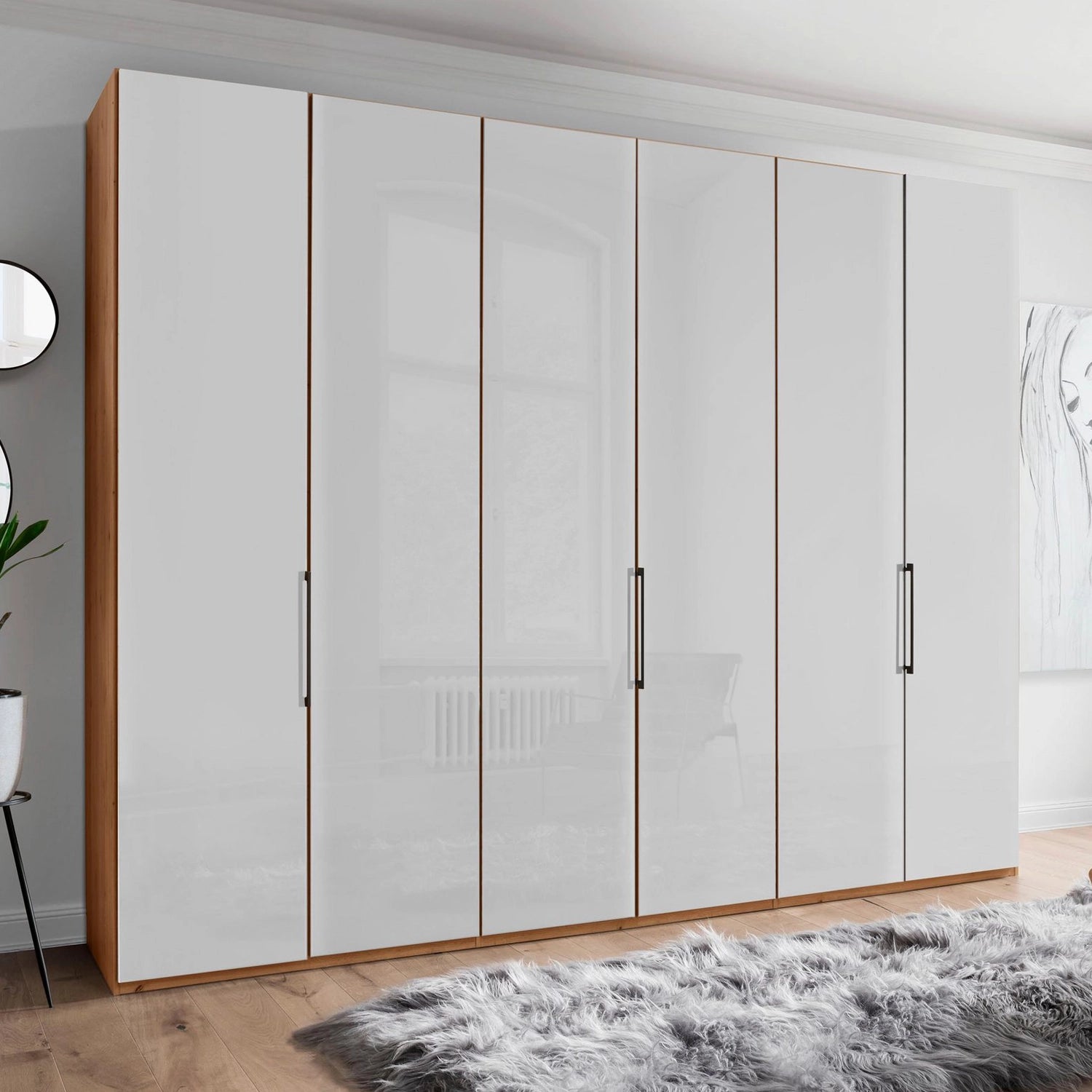 Templin 1000 6 Door Hinged Wardrobe in Bianco Oak Carcase & White Glass Front - Styled in a Bedroom