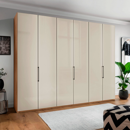 Templin 1000 6 Door Hinged Wardrobe in Bianco Oak Carcase & Champagne Glass Front - Styled in a Bedroom