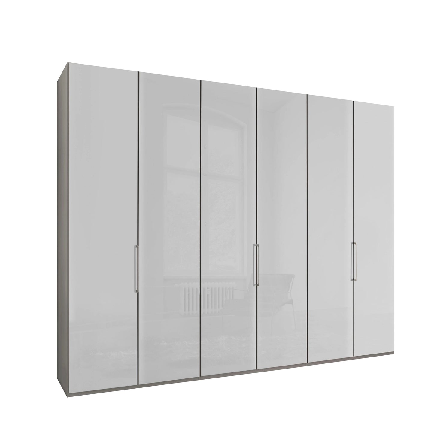 Templin 2000 6 Door Hinged Wardrobe in Pebble Grey Carcase & White Glass Front