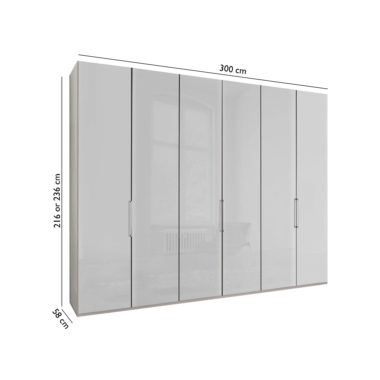 Templin 1000 6 Door Hinged Wardrobe in White Carcase & White Glass Front - Dimensions