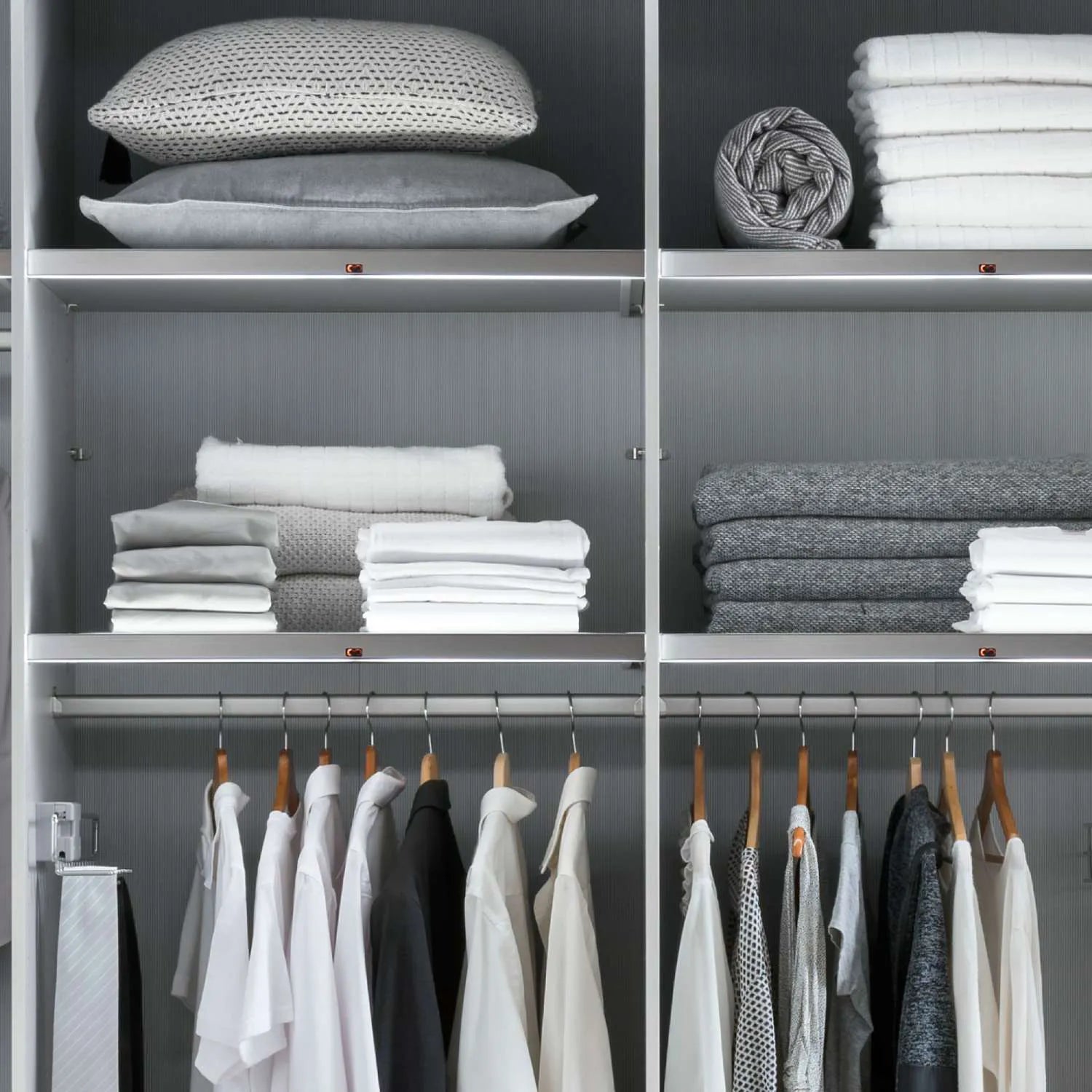 Templin 2000 4 Door 3 Drawers Wardrobe - W200cm - Internal View of Shelves & Hanging Rail Styled in a Living Room