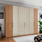 Templin 1000 Bianco Oak Carcase 6 Door Hinged Wardrobe in Champagne  Glass - 300cm - Styled in a Bedroom